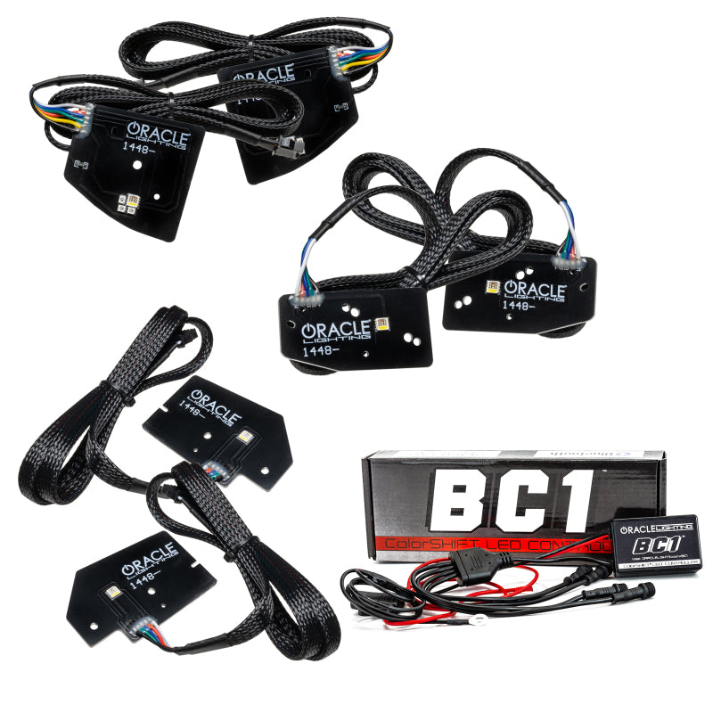 Oracle 19-21 RAM 1500 Projector LED Headlight DRL Upgrade Kit showcasing RGBW+A technology with vibrant colors.