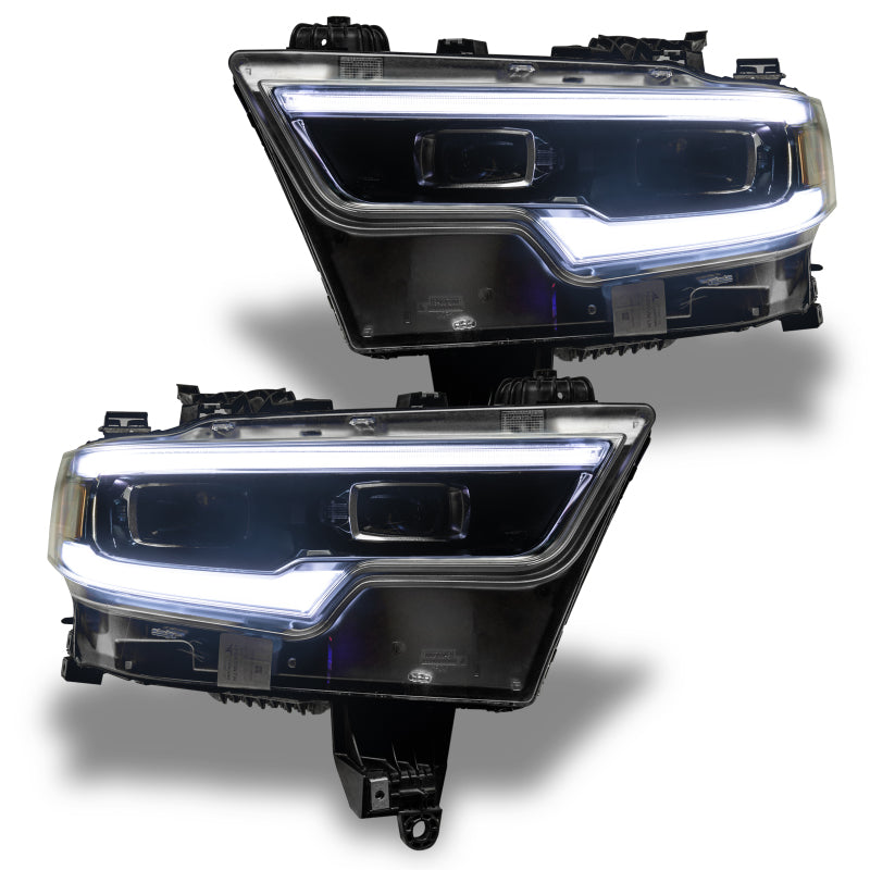 Oracle 19-21 RAM 1500 Projector LED Headlight DRL Upgrade Kit showcasing RGBW+A technology with vibrant colors.