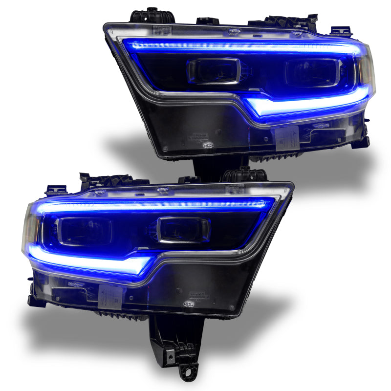 Oracle 19-21 RAM 1500 Projector LED Headlight DRL Upgrade Kit showcasing RGBW+A technology with vibrant colors.