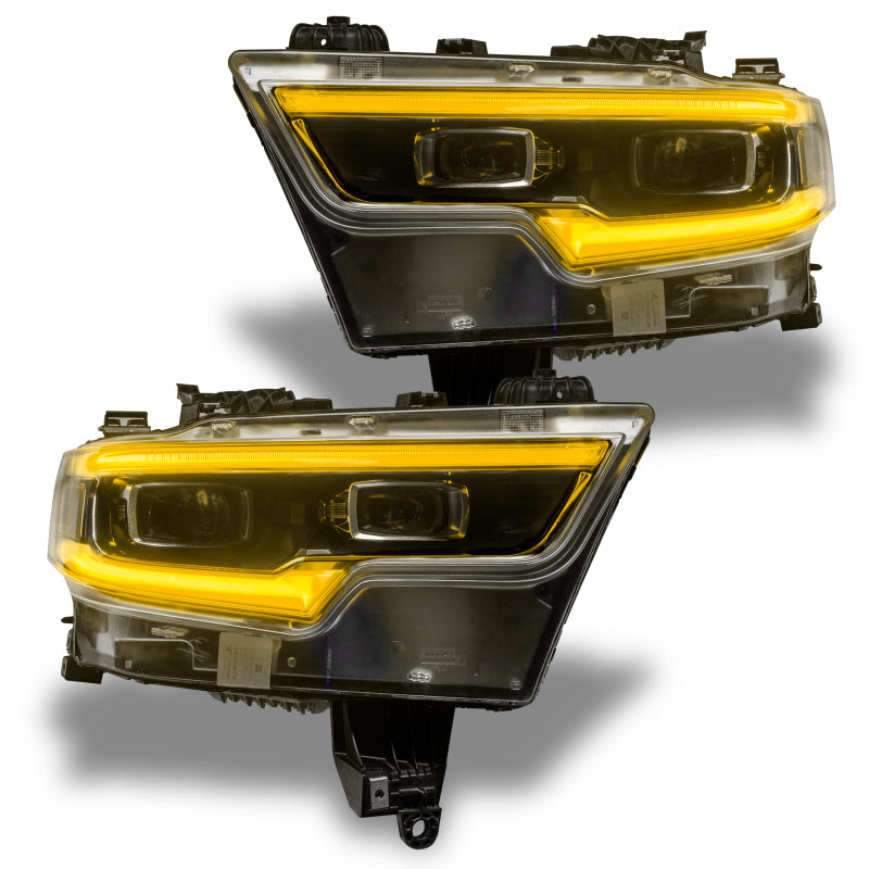 Oracle 19-21 RAM 1500 Projector LED Headlight DRL Upgrade Kit showcasing RGBW+A technology with vibrant colors.