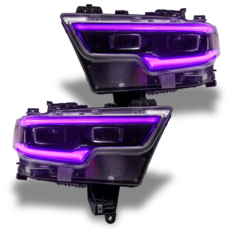 Oracle 19-21 RAM 1500 Projector LED Headlight DRL Upgrade Kit showcasing RGBW+A technology with vibrant colors.