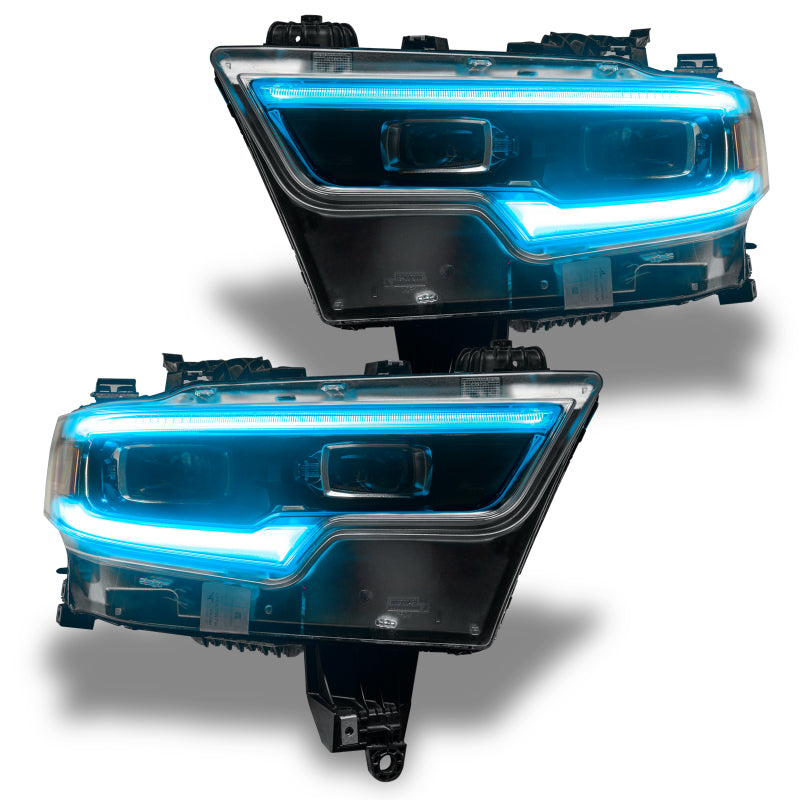 Oracle 19-21 RAM 1500 Projector LED Headlight DRL Upgrade Kit showcasing RGBW+A technology with vibrant colors.