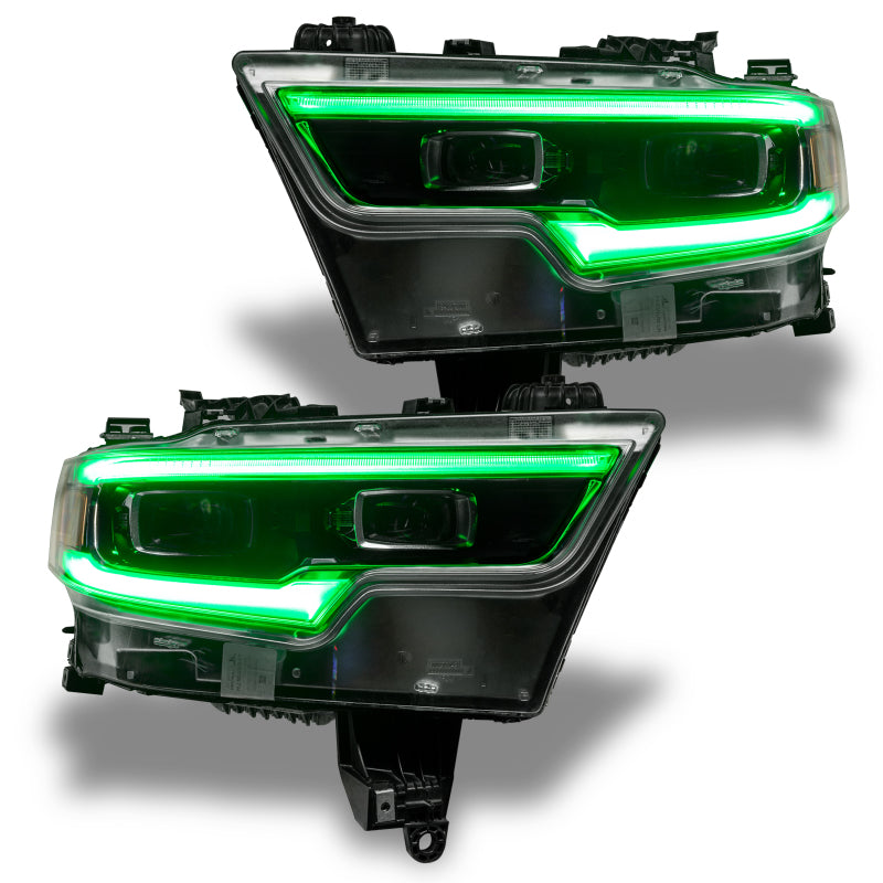 Oracle 19-21 RAM 1500 Projector LED Headlight DRL Upgrade Kit showcasing RGBW+A technology with vibrant colors.