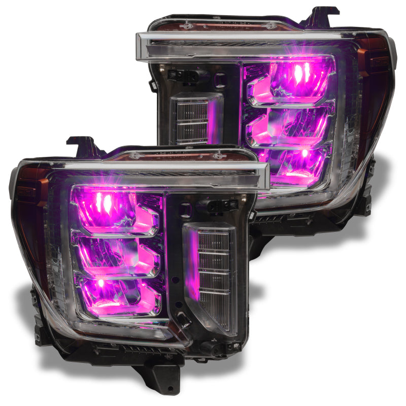 Oracle 19-21 Silverado/Sierra 1500 RGB Demon Eye Headlight Upgrade Kit showcasing vibrant color-changing LED lights.