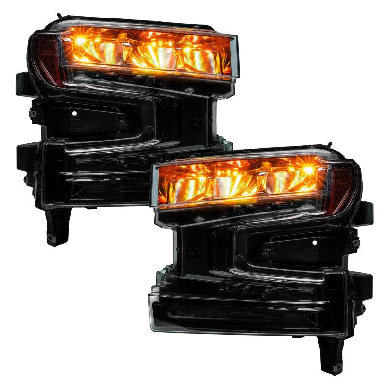 Oracle 19-21 Silverado/Sierra 1500 RGB Demon Eye Headlight Upgrade Kit showcasing vibrant color-changing LED lights.