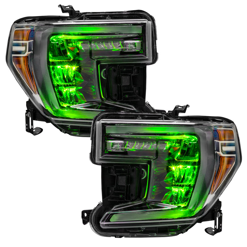 Oracle 19-21 Silverado/Sierra 1500 RGB Demon Eye Headlight Upgrade Kit showcasing vibrant color-changing LED lights.