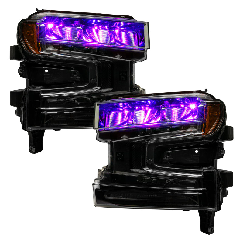 Oracle 19-21 Silverado/Sierra 1500 RGB Demon Eye Headlight Upgrade Kit showcasing vibrant color-changing LED lights.