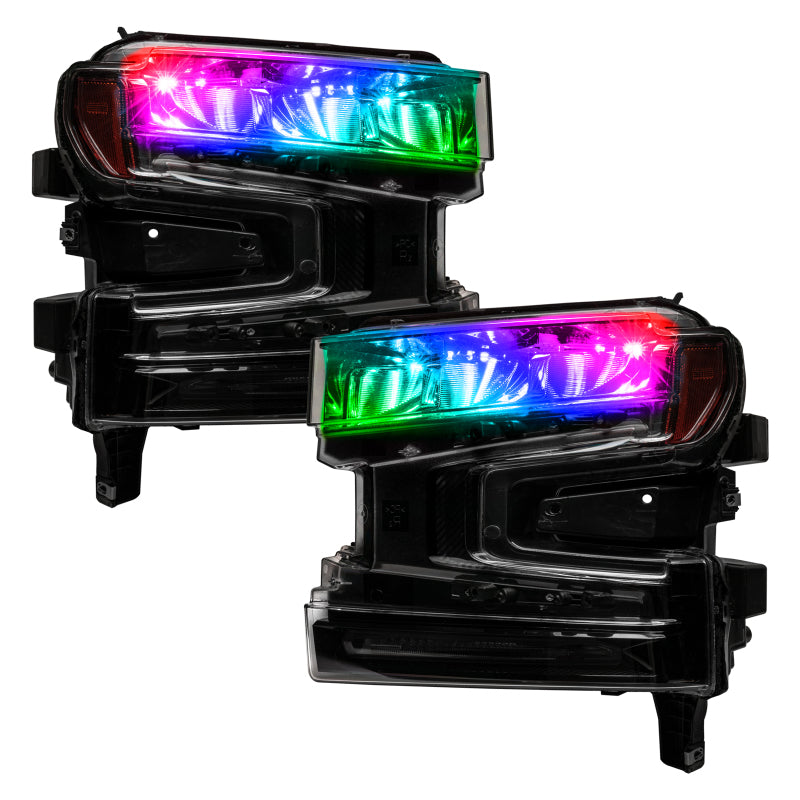 Oracle 19-21 Silverado/Sierra 1500 RGB Demon Eye Headlight Upgrade Kit showcasing vibrant color-changing LED lights.