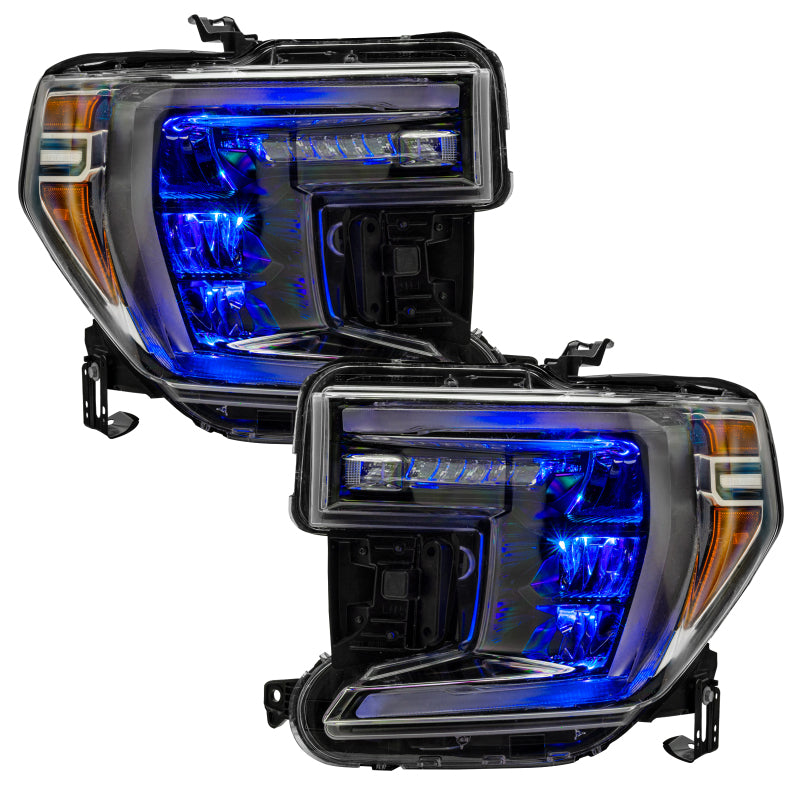 Oracle 19-21 Silverado/Sierra 1500 RGB Demon Eye Headlight Upgrade Kit showcasing vibrant color-changing LED lights.