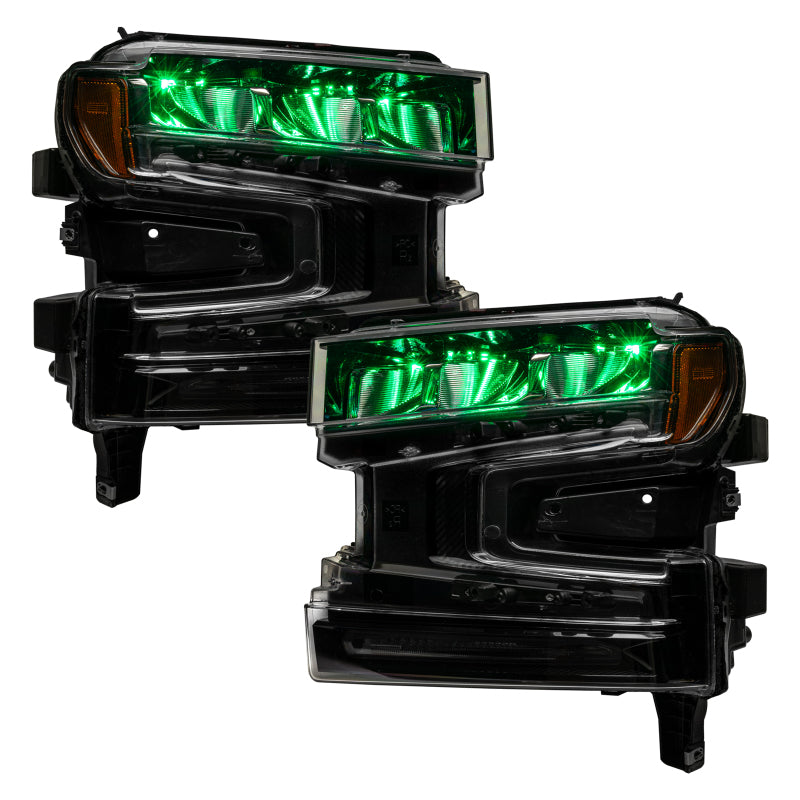 Oracle 19-21 Silverado/Sierra 1500 RGB Demon Eye Headlight Upgrade Kit showcasing vibrant color-changing LED lights.