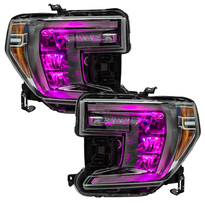 Oracle 19-21 Silverado/Sierra 1500 RGB Demon Eye Headlight Upgrade Kit showcasing vibrant color-changing LED lights.