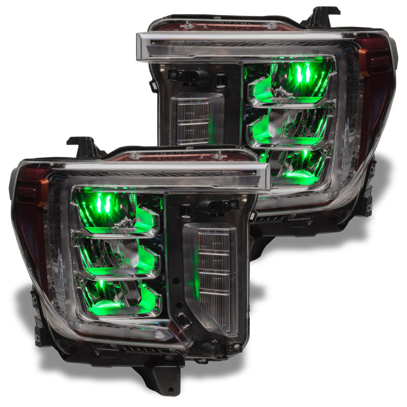 Oracle 19-21 Silverado/Sierra 1500 RGB Demon Eye Headlight Upgrade Kit showcasing vibrant color-changing LED lights.