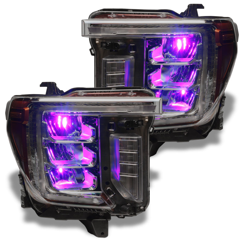 Oracle 19-21 Silverado/Sierra 1500 RGB Demon Eye Headlight Upgrade Kit showcasing vibrant color-changing LED lights.