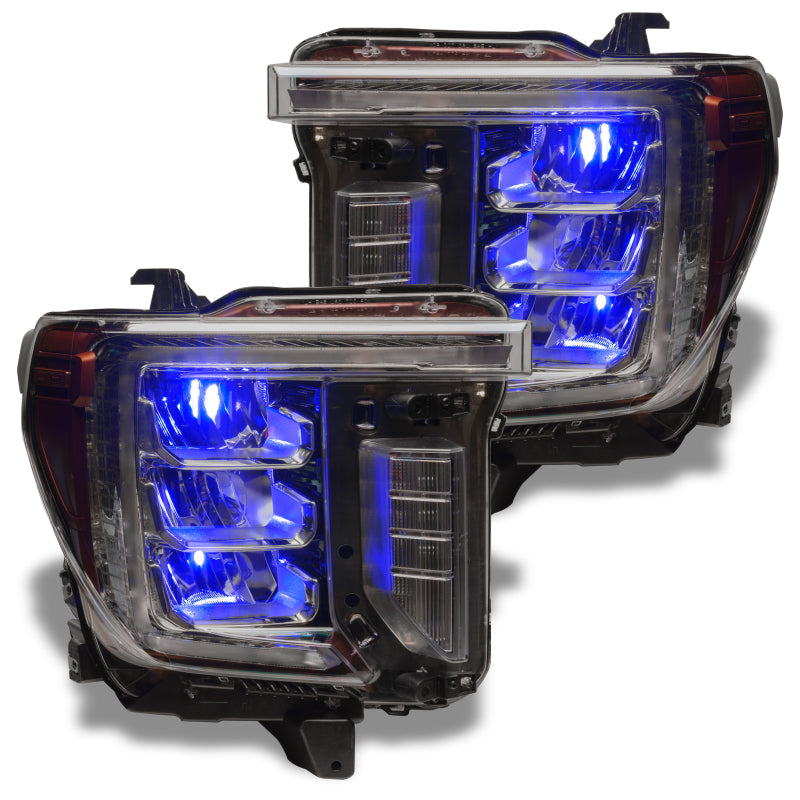 Oracle 19-21 Silverado/Sierra 1500 RGB Demon Eye Headlight Upgrade Kit showcasing vibrant color-changing LED lights.