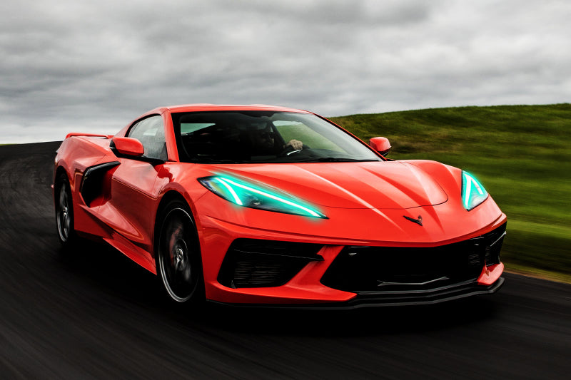 Oracle RGB+A Headlight DRL Upgrade Kit for 2020-2021 Chevy Corvette C8, showcasing color-changing LED lights.