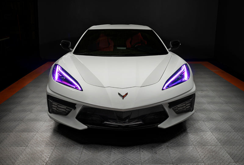 Oracle 20-21 Chevy Corvette C8 RGB+A Headlight DRL Upgrade Kit showcasing color-changing LED lights.