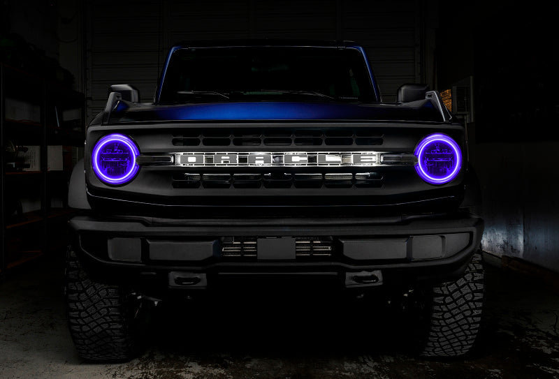 Oracle 2021 Ford Bronco Base Headlight LED Halo Kit showcasing vibrant ColorSHIFT technology and sleek design.