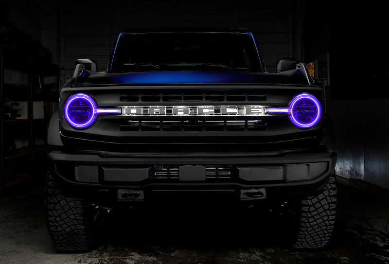 Oracle 21-22 Ford Bronco Headlight Halo Kit with DRL Bar, showcasing vibrant LED lights and sleek design for enhanced vehicle aesthetics.