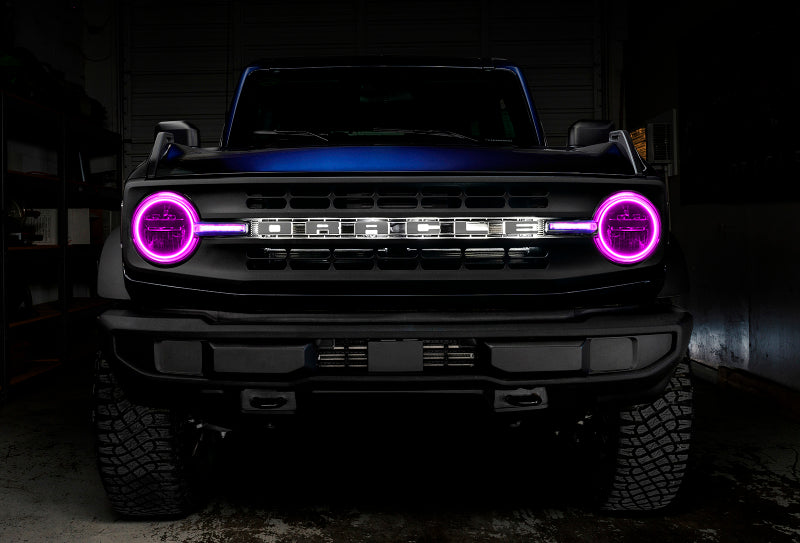 Oracle 21-22 Ford Bronco Headlight Halo Kit with DRL Bar, showcasing vibrant LED lights and sleek design for enhanced vehicle aesthetics.