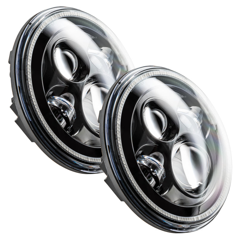 Oracle 7in High Powered LED Headlights with black bezel and customizable Halo colors, designed for off-road vehicles.