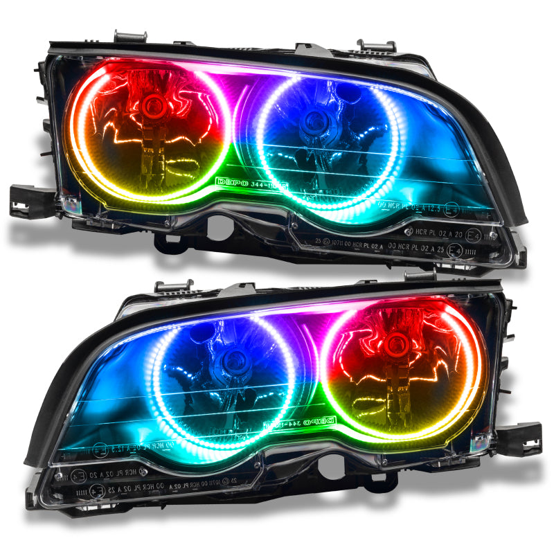 ORACLE pre-assembled Halogen headlights for 1999-2001 BMW 3 Series Coupe with ColorSHIFT halos installed.