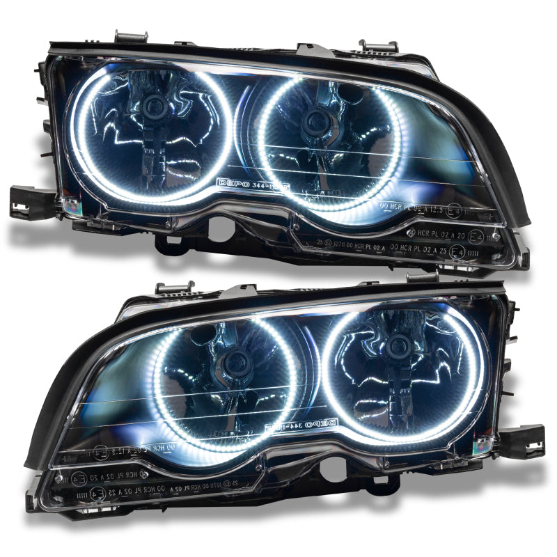 Oracle 99-01 BMW 3 Series Coupe SMD HL Halogen headlights with white halo rings, showcasing chrome and black housing options.