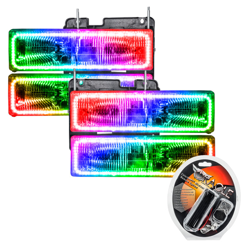 Oracle 92-99 GMC Yukon SMD HL ColorSHIFT headlights with pre-installed halo rings in Chrome and Black housing options.