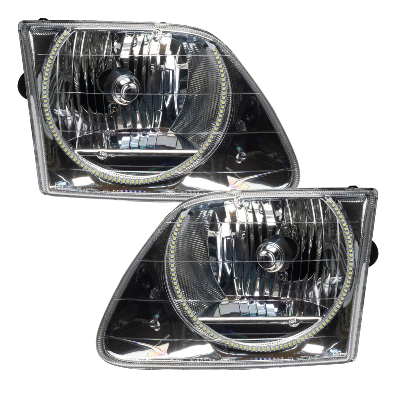 Oracle 97-03 Ford F-150 SMD headlights with white halo rings, showcasing chrome and black housing options.