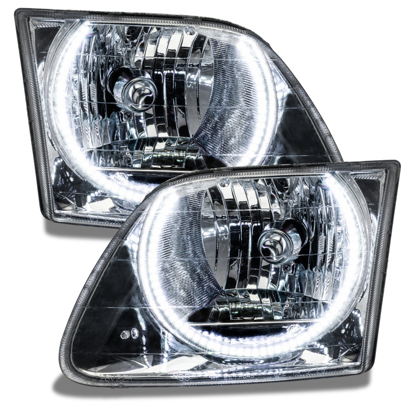 Oracle 97-03 Ford F-150 SMD headlights with white halo rings, showcasing chrome and black housing options.