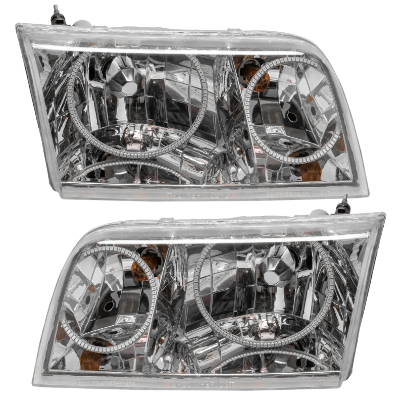 ORACLE 98-11 Ford Crown Victoria SMD headlights with chrome housing and halo rings, showcasing a sleek design and bright illumination.