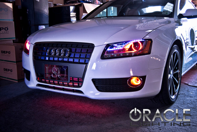 Oracle Audi A5 Halo Kit featuring ColorSHIFT technology with 2.0 Controller, showcasing bright LED rings for customizable vehicle lighting.