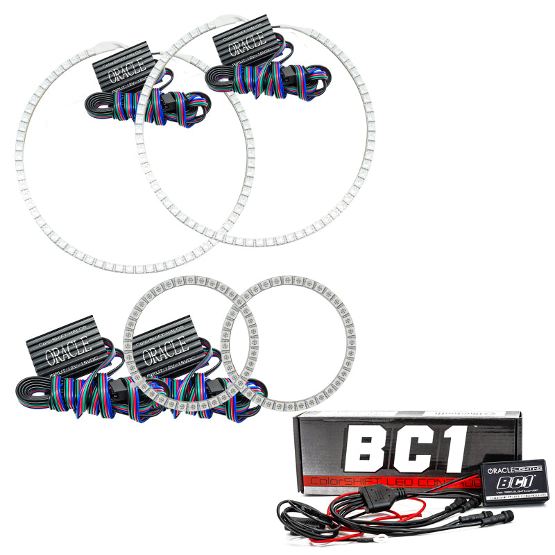 Oracle BMW 1 Series Halo Kit with ColorSHIFT and BC1 Controller, showcasing bright LED rings and Bluetooth controller.