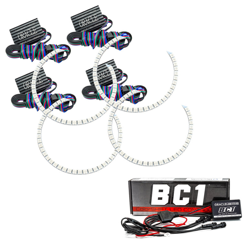 Oracle BMW X3 Halo Kit featuring ColorSHIFT technology and BC1 controller, showcasing bright LED rings and Bluetooth control.