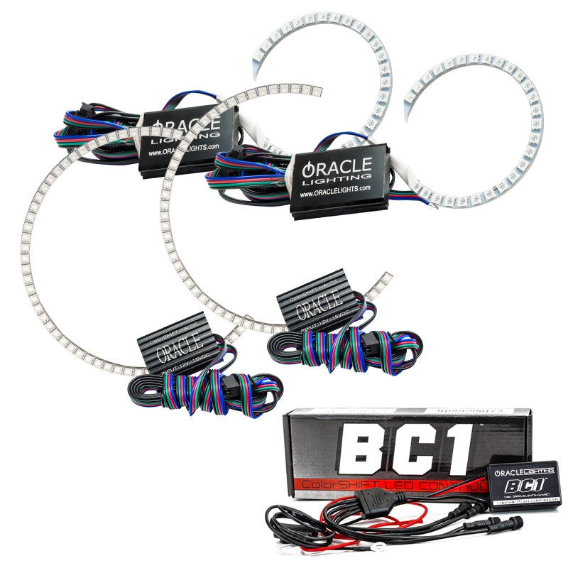 Oracle Chevrolet Impala 06-13 Halo Kit featuring ColorSHIFT technology and BC1 Controller, showcasing bright SMD rings and Bluetooth control.