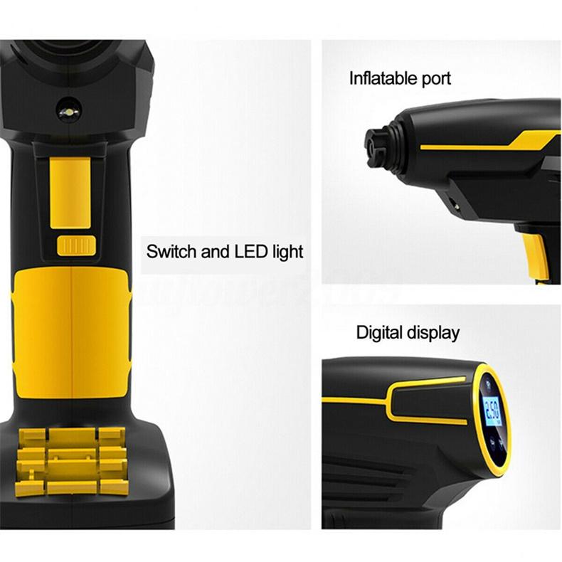 Portable Tire Inflator Air Pump with LCD display and LED lights, designed for quick tire inflation.