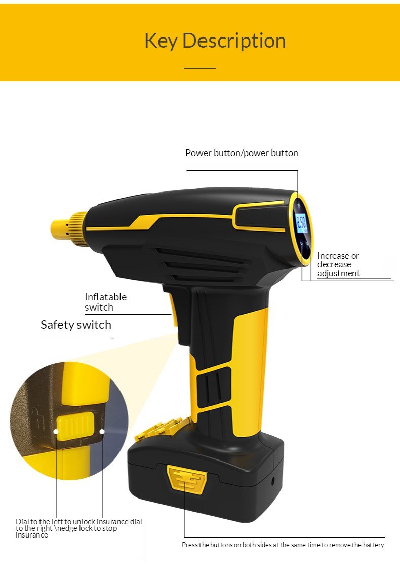 Portable Tire Inflator Air Pump with LCD display and LED lights, designed for quick tire inflation.