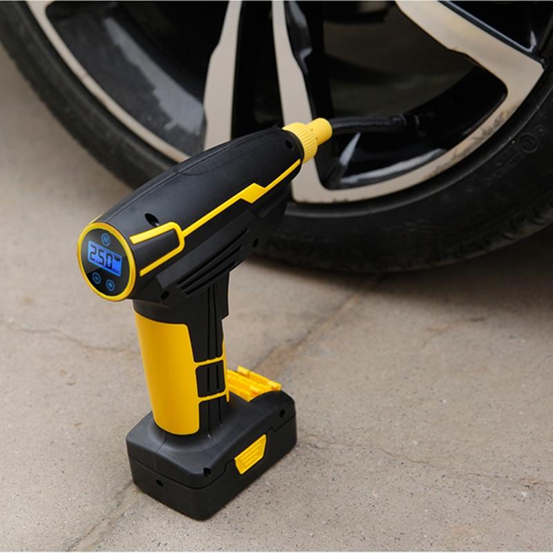 Portable Tire Inflator Air Pump with LCD display and LED lights, designed for quick tire inflation.