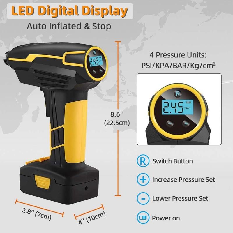 Portable Tire Inflator Air Pump with LCD display and LED lights, designed for quick tire inflation.