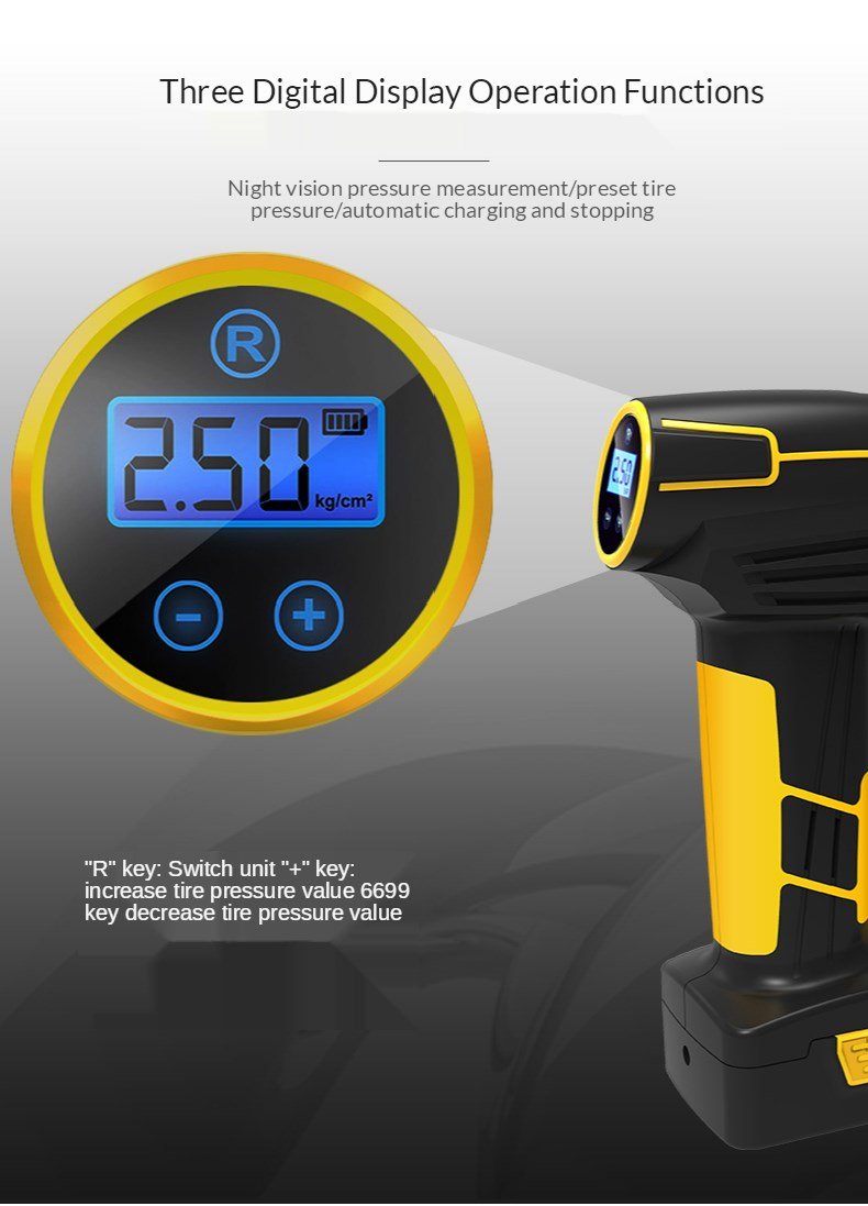 Portable Tire Inflator Air Pump with LCD display and LED lights, designed for quick tire inflation.