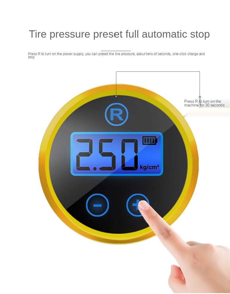 Portable Tire Inflator Air Pump with LCD display and LED lights, designed for quick tire inflation.