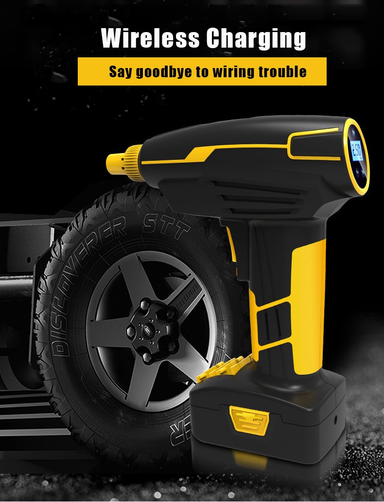 Portable Tire Inflator Air Pump with LCD display and LED lights, designed for quick tire inflation.