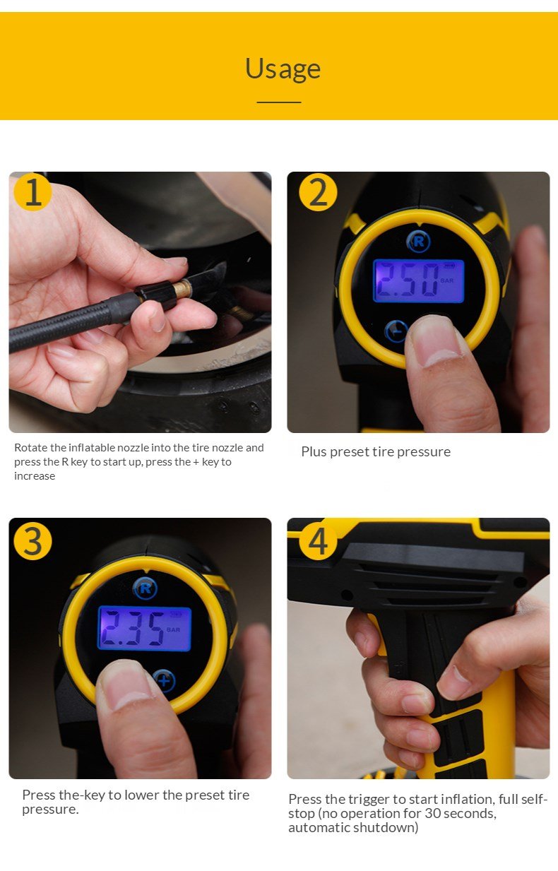 Portable Tire Inflator Air Pump with LCD display and LED lights, designed for quick tire inflation.