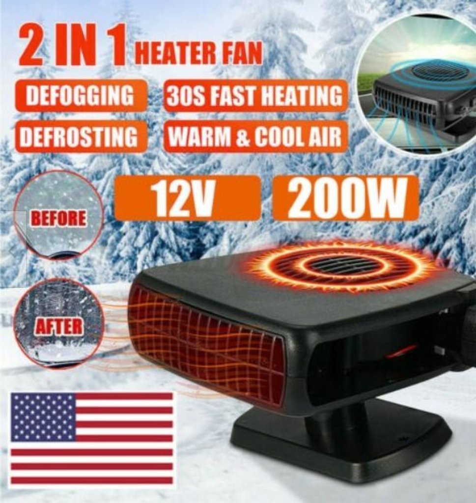 Powerful 200W 2 in 1 Car Heater Windshield Defroster with a compact design, featuring a heating outlet and a cigarette lighter plug.