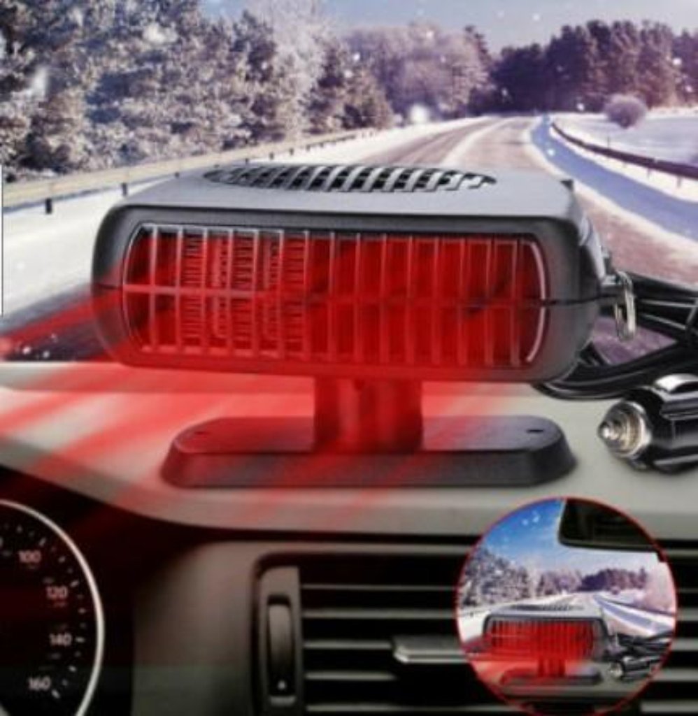 Powerful 200W 2 in 1 Car Heater Windshield Defroster with a compact design, featuring a heating outlet and a cigarette lighter plug.