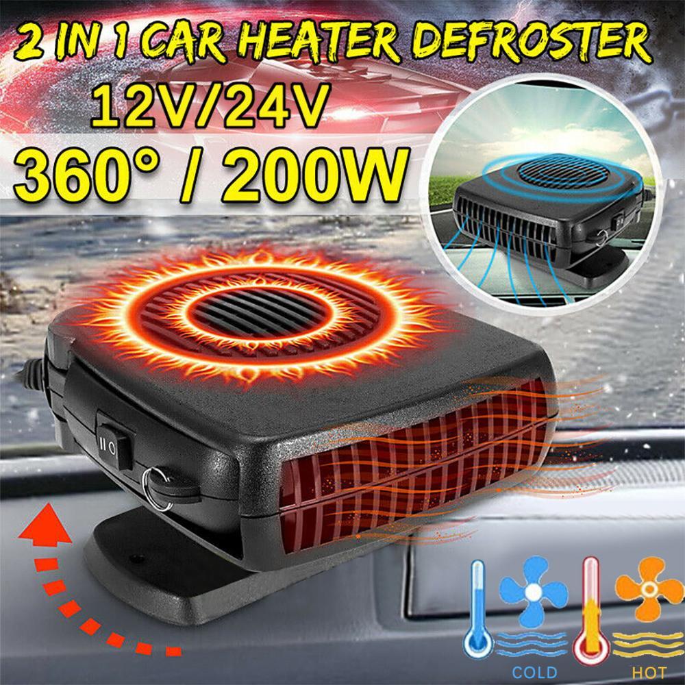 Powerful 200W 2 in 1 Car Heater Windshield Defroster with a compact design, featuring a heating outlet and a cigarette lighter plug.