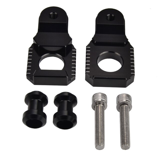 Motorcycle chain adjuster kit components.