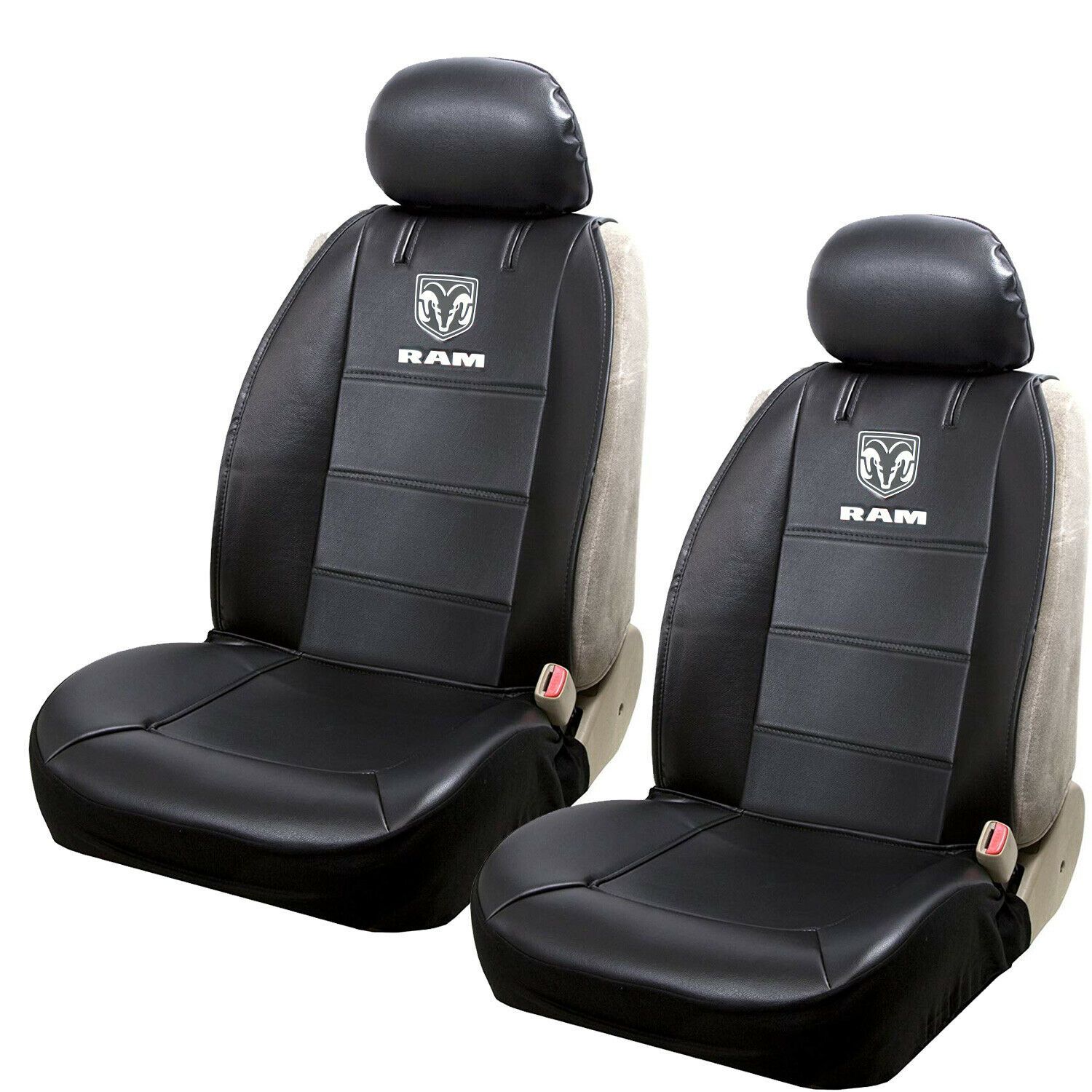 Ram Elite Black Synthetic Leather seat covers designed for 40-20-40 bucket seats, featuring a sleek black finish and embroidered logo.