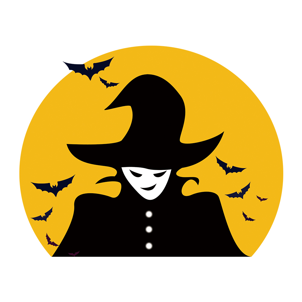 Witch silhouette with flying bats.