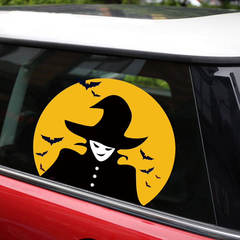 Witch silhouette on car window.