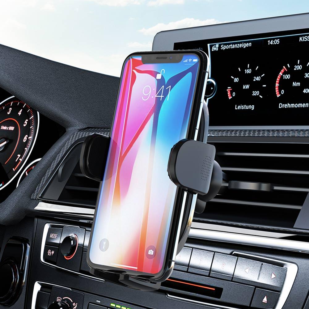 Solid Air Vent Phone Mount securely holding a smartphone in a vehicle's air vent, showcasing its padded grip and rotatable design.